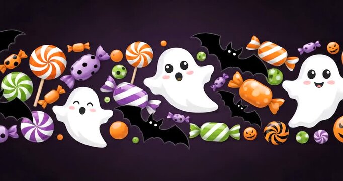 Halloween Candy and Ghosts Seamless Horizontal Border on Dark Background.