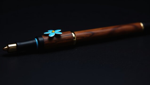 Elegant wooden pen with blue flower, writing dreams beautifully expressed.