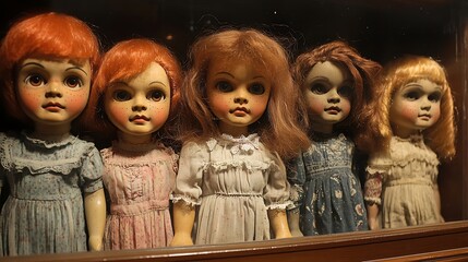 Doll Collection Vintage Porcelain Dolls with Antique Toys, and Eerie Display.