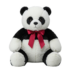 Large, fluffy black and white panda bear plush with crimson satin ribbon, 45-degree view, isolated on shadow-free transparent studio background, concept of luxurious quality product