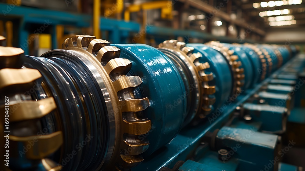 Poster drill bits awaiting oilfields shiny new blue and gold array in a factory.