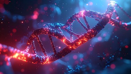Glowing dna strand spirals amidst cosmic dust and nebula, symbolizing genetic research and the mysteries of life in a vibrant, futuristic scene.