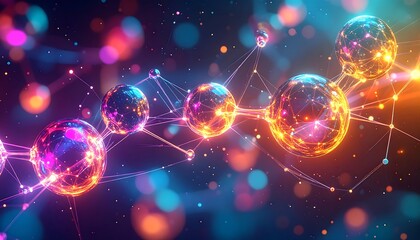 Glowing spheres connected by network lines represent interconnectedness in a digital space, symbolizing futuristic technology and innovation.