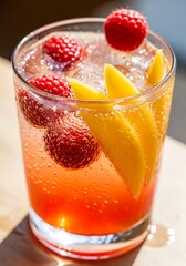 A refreshing summer cocktail with vibrant raspberries and mango slices, showcasing a bright, appetizing color palette.