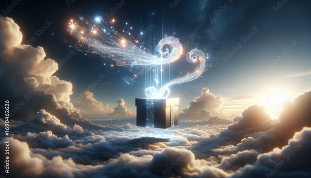 Poster mystical box unveils wonders above the clouds fantasy realm digital art surreal environment wide-ang