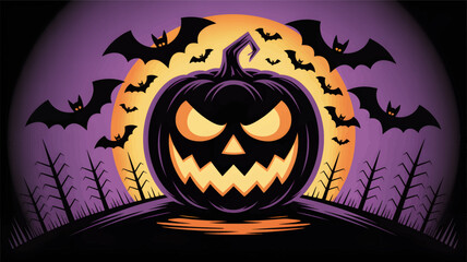 Spooky halloween jack o lantern silhouette with glowing eyes and mouth against a full moon and flying bats silhouette