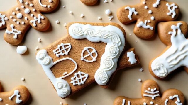 Gingerbread cookies with white icing. Christmas food. Gingerbread house. Top view