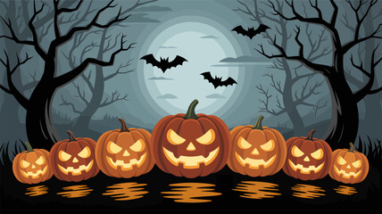 Spooky halloween night scene with glowing jack o lanterns in a dark forest under a full moon with flying bats silhouette