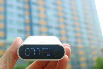 Air quality sensor showing the high level of PM 2.5 pollution in the current location that may risky for health