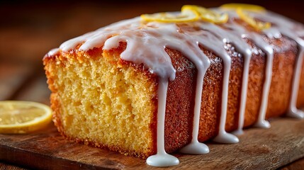 Close-up of a moist lemon loaf cake topped with white icing glaze and lemon slices on a wooden board, celebrating freshness, baking, and sweetness for National Cake Day. Image created by AI.