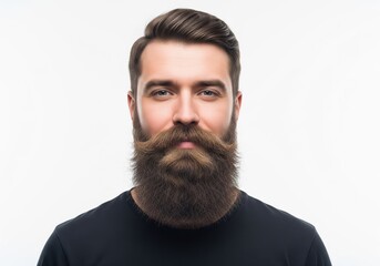 Obraz premium Plain bright background highlights man with full beard calm expression conveying confident proud unique masculine style in simple dignified portrait