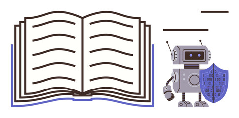 Open book with detailed pages beside a robot holding a shield with a digital code pattern. Ideal for education, AI ethics, cybersecurity, digital learning, automation, technology, future innovation