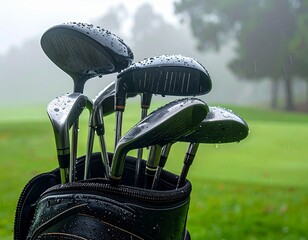 Rain-Soaked Golf Clubs in a Bag on a Misty Day