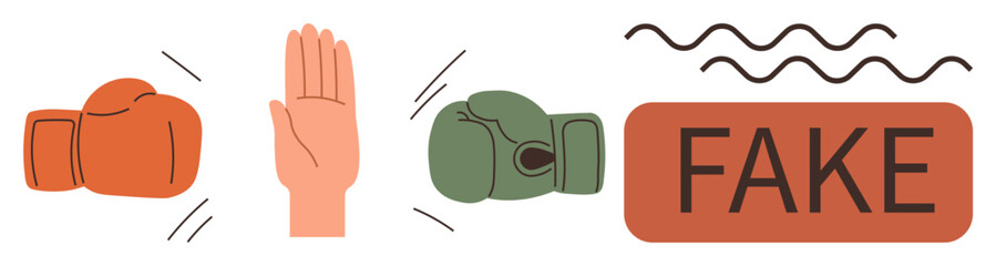 Boxing gloves and a raised hand emphasize conflict, defense, and opposition to misinformation. Ideal for integrity, defense, honesty, misinformation, critical thinking, conflict resolution