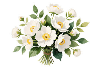White Camellia Bouquet with Green Leaves on Transparent Background, Digital Illustration for Web Design