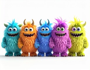 Fototapeta premium Five Cute and Colorful Fluffy Monsters on white background 