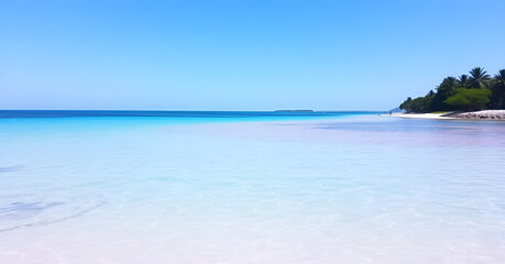 Fototapeta premium pink and turquoise water beach with blue sky, Generative AI