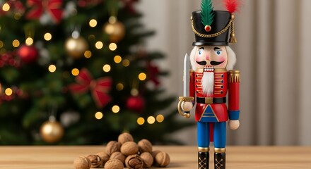 Festive Nutcracker Toy Standing in Front of Christmas Tree with Gold Ornaments and Walnuts