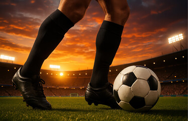 Fototapeta premium Soccer players in action on sunset stadium background