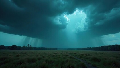 Dark, brooding clouds fill the sky, heavy with rain, casting ominous shadows over a dramatic landscape The air is thick with the promise of a powerful storm , cloud formations, pressure, power