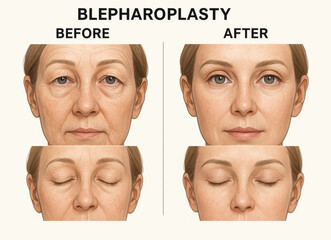 Female face before and after blepharoplasty, cosmetic eyelid surgery result showing lifted eyelids, rejuvenation, beauty transformation.