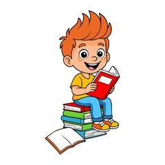 Smiling cartoon boy reading book while sitting on stack of books, education and learning theme