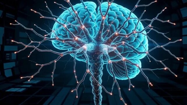 3D Holographic Brain Formed by Streaming Neon Binary Codes AI Data Animation