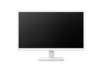 Computer monitor displaying blank black screen, white design against transparent backdrop, ready for digital mockup presentation