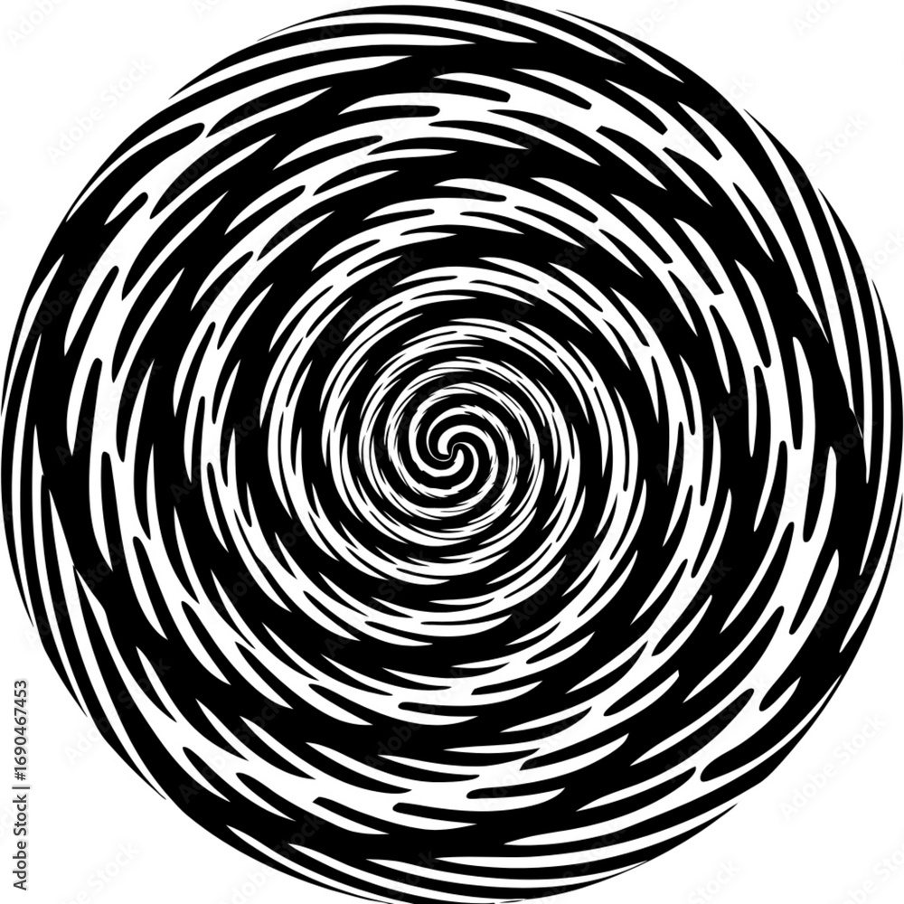 Poster minimilist abstract black and white spiral pattern with swirling lines creating a hypnotic optical i