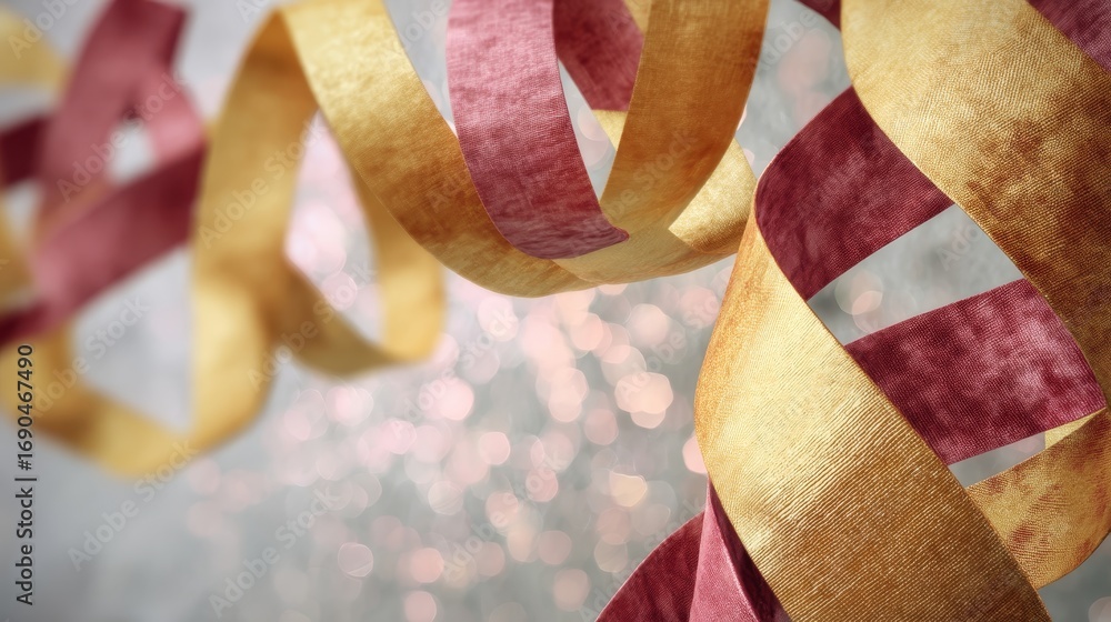 Aufkleber vibrant swirling gold and red ribbon patterns with festive sparkle bokeh lights and blank space for 