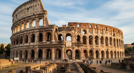 Ancient Roman Colosseum Exterior Sunset View with Tourists and Blue Sky