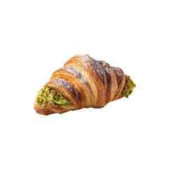 Delicious Pistachio Cream Filled Croissant Pastry, Isolated on Black Background