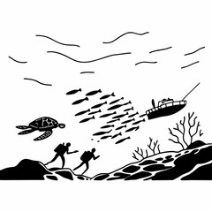Minimilist underwater scene with divers turtle school of fish boat and coral in black and white illustration vector
