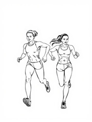 Minimilist two athletic women in running gear sprinting forward in a black and white line drawing illustration style vector