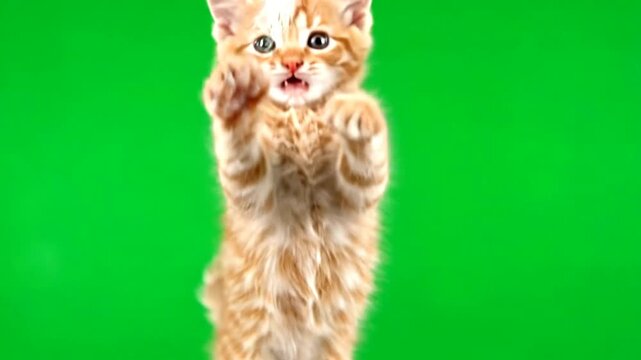 A cute, fluffy ginger kitten stands on its hind legs with paws up and mouth open against a vibrant green screen background.