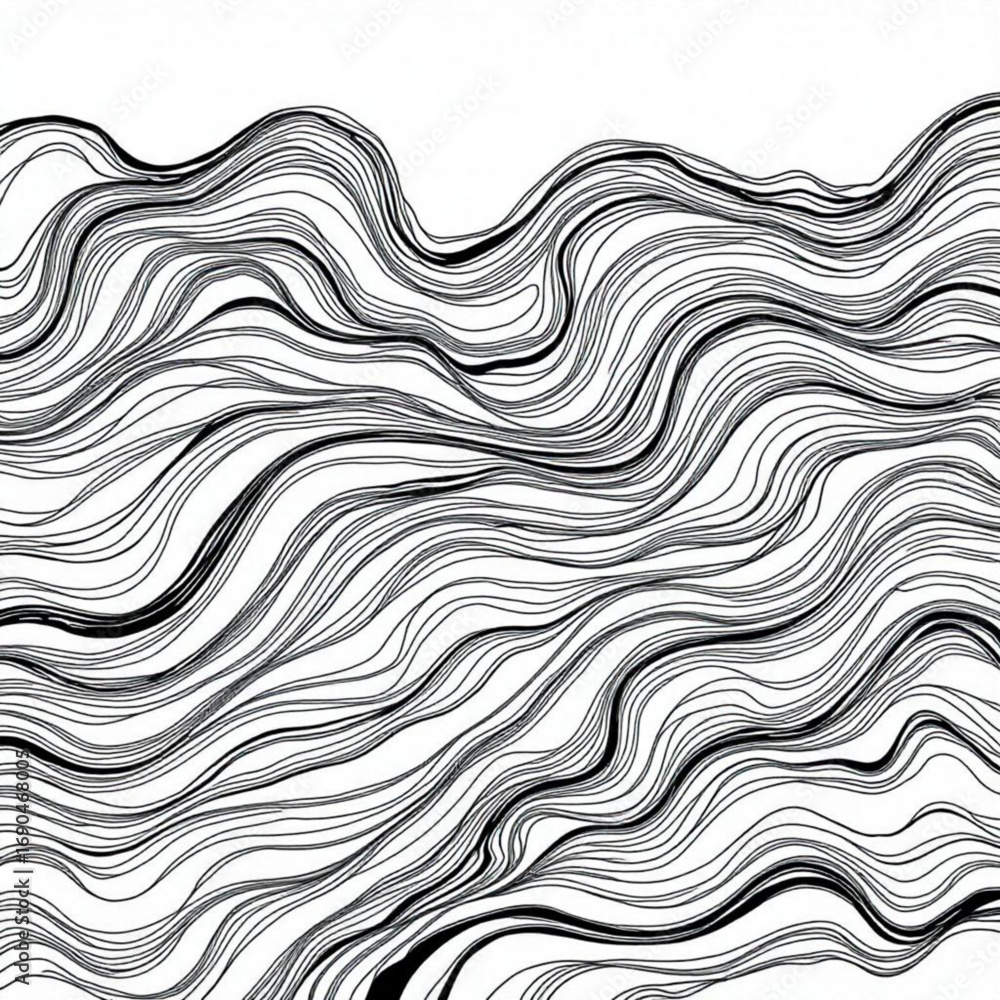 Poster minimilist abstract black lines on white background creating a wave like pattern and fluid movement 