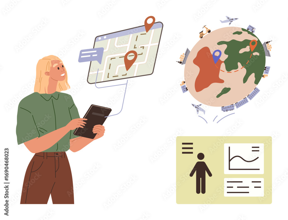 Poster woman using tablet for navigation with location pins on digital map, global representation of data s