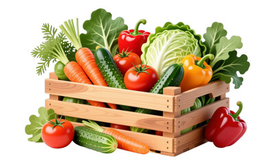 Wooden Vegetable Crate with Fresh Produce, Transparent Background, 3D Realism Graphic