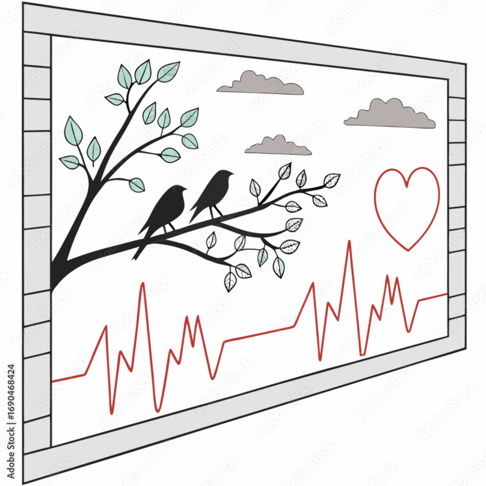 Poster minimilist illustration of two birds on a tree branch with leaves and a heart rate line in a framed 
