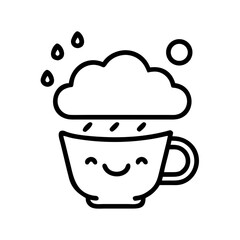Minimilist a cute cup with a smiling face under a cloud with raindrops and a circle in a simple outline style vector