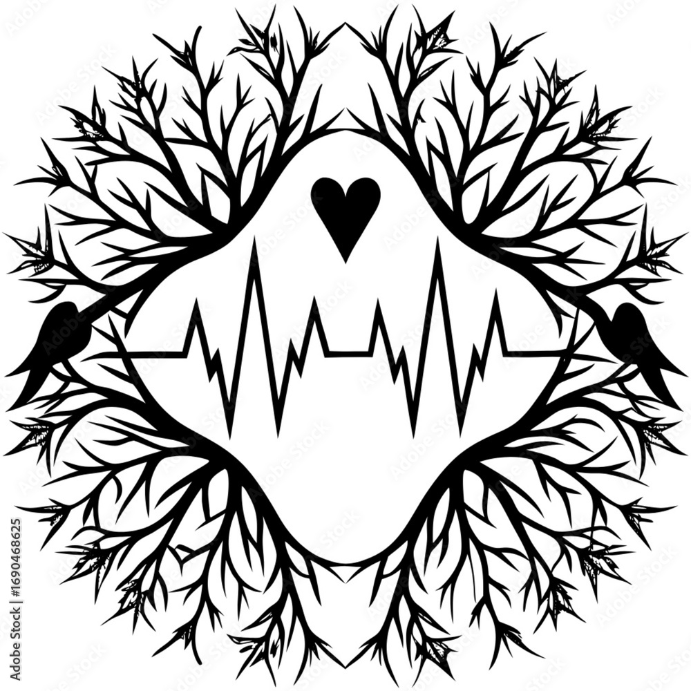 Poster Minimilist heartbeat symbol with heart and birds perched on branches in a circular design in black and white style vector