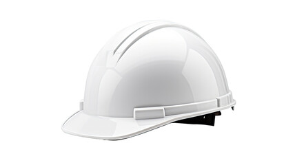 Fototapeta premium White hard hat with protective safety helmet design symbolizing construction gear, industrial work equipment, and worker protection, isolated on white background