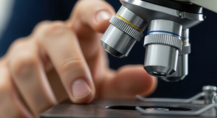 Close-up of a scientist's hand adjusting a modern microscope in a laboratory environment
