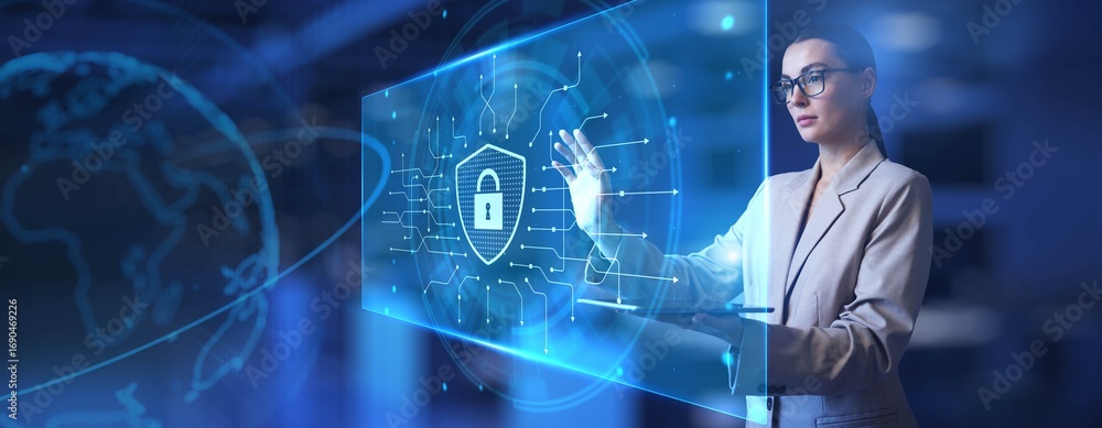 Poster cybersecurity and data protection interface technology concept.