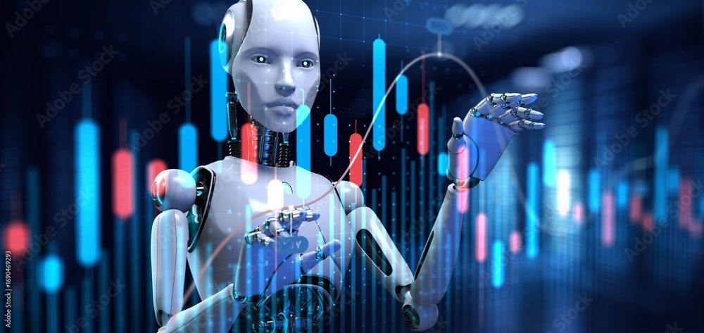 Poster advanced ai in financial trading and market analysis with robotic assistance. 3d render.