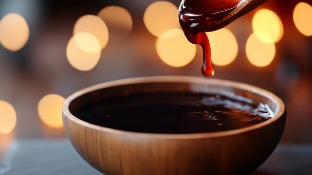 Syrup pours into wooden bowl, bokeh background