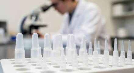 Close-up of pipette tips with a blurred scientist using a microscope for research