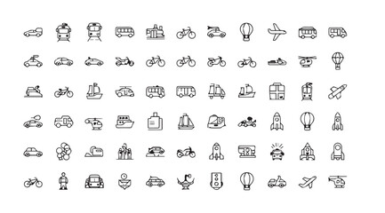 Collection of various transportation and object silhouettes in a grid layout silhouette