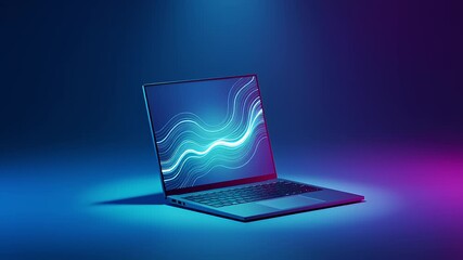 A sleek laptop prototype presents a glowing digital wave, representing data analysis and technological advancement in a futuristic neon environment - Powered by Adobe