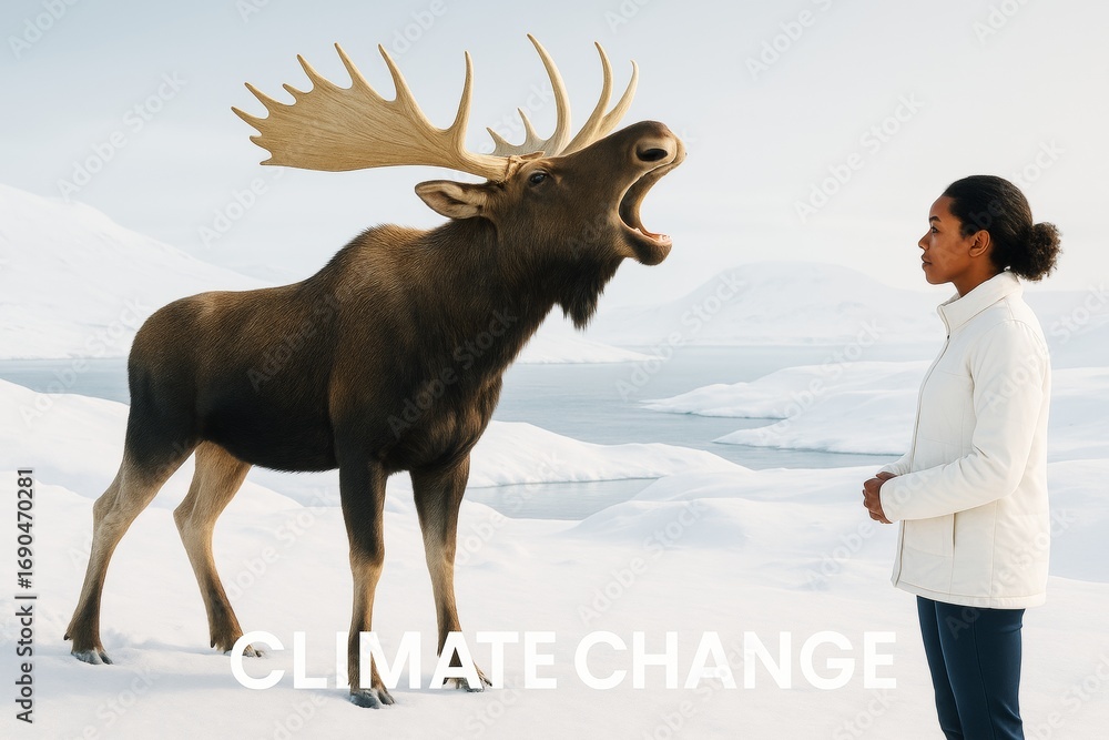 Poster woman facing moose on snowy landscape with bold climate change message in cold arctic setting emphas